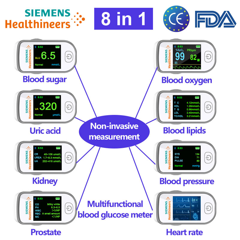 【8 in 1】Medidor de glucosa en sangre multifunción (Nivel de azúcar en sangre no invasivo + Oxígeno en sangre no invasivo + Ácido úrico no invasivo + Frecuencia cardíaca no invasiva + Presión arterial no invasiva + Prueba cardiopulmonar + Prueba de riñón + Prueba de próstata+Tratamiento con láser para el azúcar en sangre+ Conexión Bluetooth + Conexión a computadora)